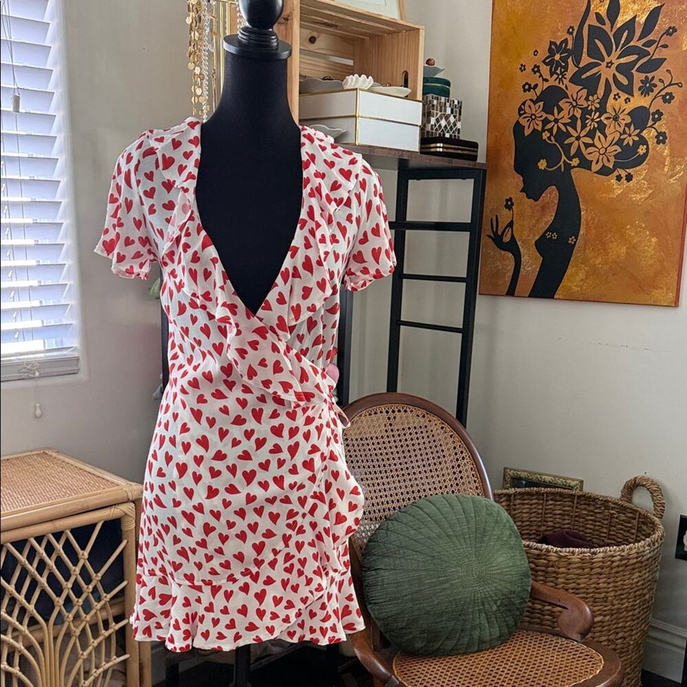 Beach Riot x Revolve Red & White Heart Print Ruffle Trim Femme Mini Wrap Dress